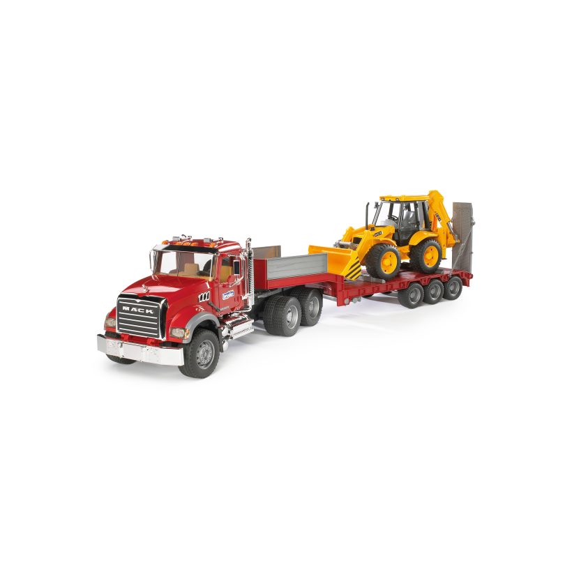 Camion plateau MACK Granite avec rétrocaveuse JCB