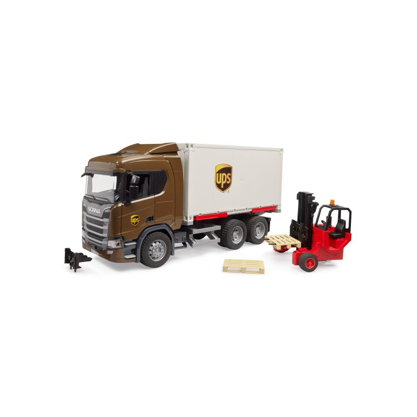 Camion logistique UPS SCANIA Super 560R avec chariot élévateur